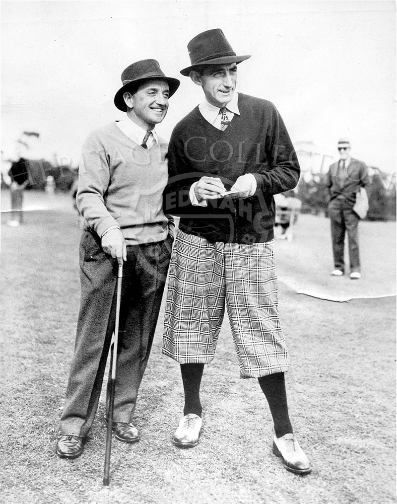 Bobby Cruickshank (left) and Thomas (Tommy) Donaldson Armour were lifelong foes on the golf course and friends off it. Cruickshank and Armour are shown after turning in 132 stroke total to tie Henry Picard and Jack Grout in Mid-South Pro - Pro Best Ball Golf Tourney. It was held in Pinehurst, North Carolina, and the date on the back of the image is November 17, 1938. The title of the photo is 