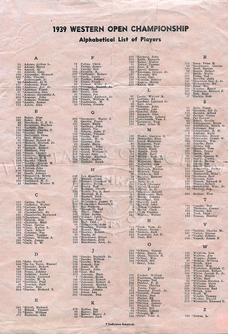 1939 Western Open Championship pairing & start times with list of players.