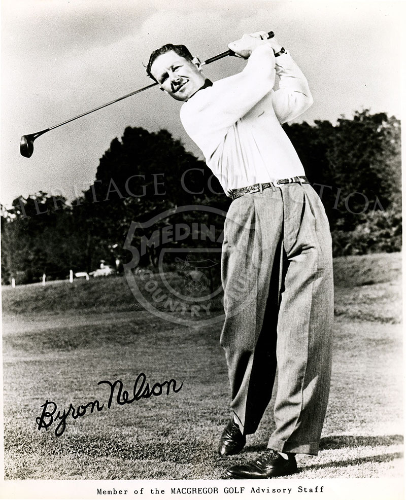 Photo of Byron Nelson, member of the MacGregor Golf Advisory Staff. Machine print autograph.
