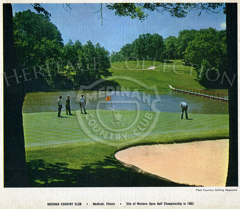 Color print, courtesy of Golfing Magazine. Photo shows Hole No. 17 on Medinah Country Club's famed Course No. 3, site of the Western Open, June 28-July 1. This is the most scenic and probably the most difficult hole on the entire layout. It measures 208 y