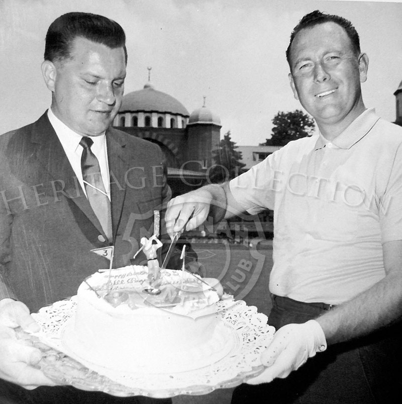 Billy Casper on the right, celebrated his birthday at Medinah Country Club during the 63rd Western Open in 1966. Helping to hold the cake is Don Zienty.