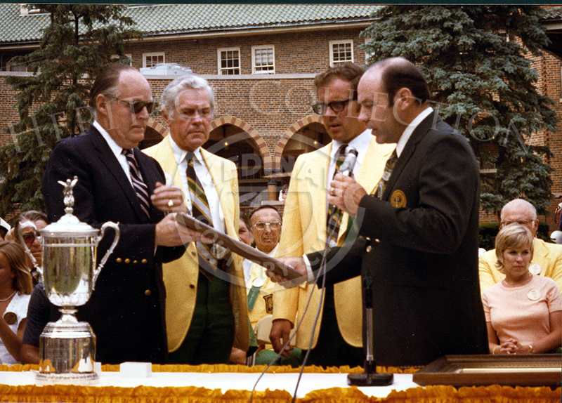 Presentation ceremony during the 75th U.S. Open. Left to right, President of the U.S.G.A Horton Semple, President of Medinah Country Club Paul Freter, grounds supervisor John Jackman, and President of Golf Course Superintendents Palmer Maples, Jr.