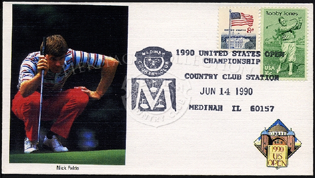 Commemorative envelope for the 90th U.S. Open Championships features Nick Faldo on the cover, as well as an 8-cent American Flag stamp and 18-cent Bobby Jones stamp. Special postmark is from June 14, 1990.