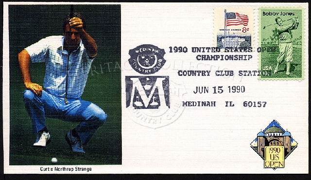 Commemorative envelope for the 90th U.S. Open Championships features Curtis Northrup Strange on the cover, as well as an 8-cent American Flag stamp and 18-cent Bobby Jones stamp. Special postmark is from June 15, 1990.