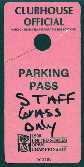 Clubhouse Official Parking Pass for the 90th U.S Open Championship for Staff member and grass parking only. It was displayed by hanging on rear-view mirror