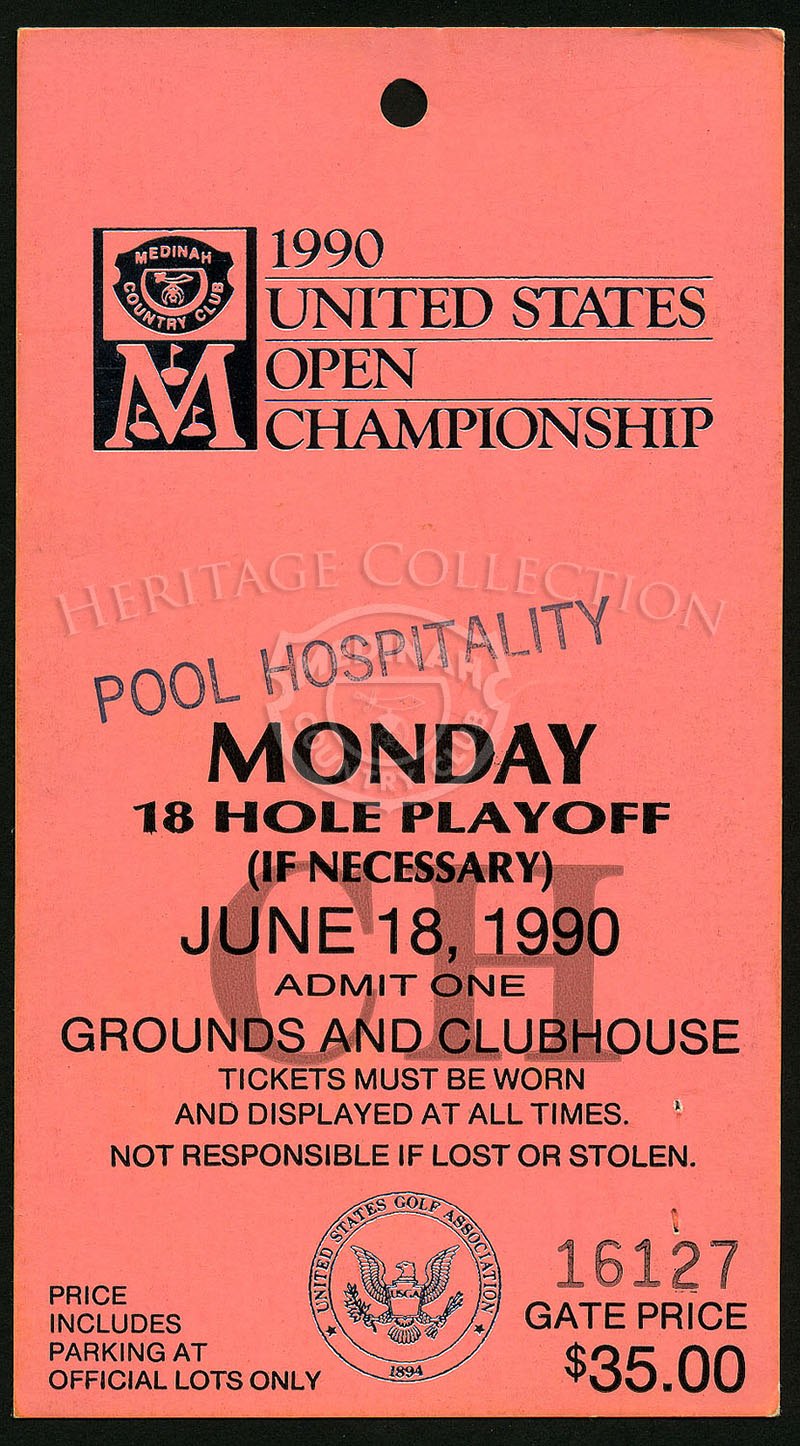 An 18-hole playoff was necessary for the 90th U.S. Open championship, betwnee Hale Irwin and Mike Donals. To be admitted on the grounds and in the clubhouse, you would have needed to display a June 18, 1990 ticket. Note, the $35 ticket was also stamped