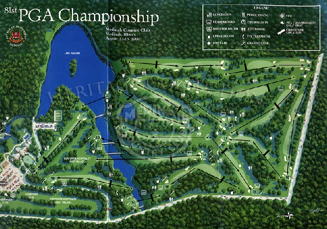 This illustration shows an overhead view of the entire 18-hole Course No. 3. It was included in foldout pamphets available daily during the 81st PGA Championship. On the opposite side of the map was that day's Official Pairings and Starting Times of play