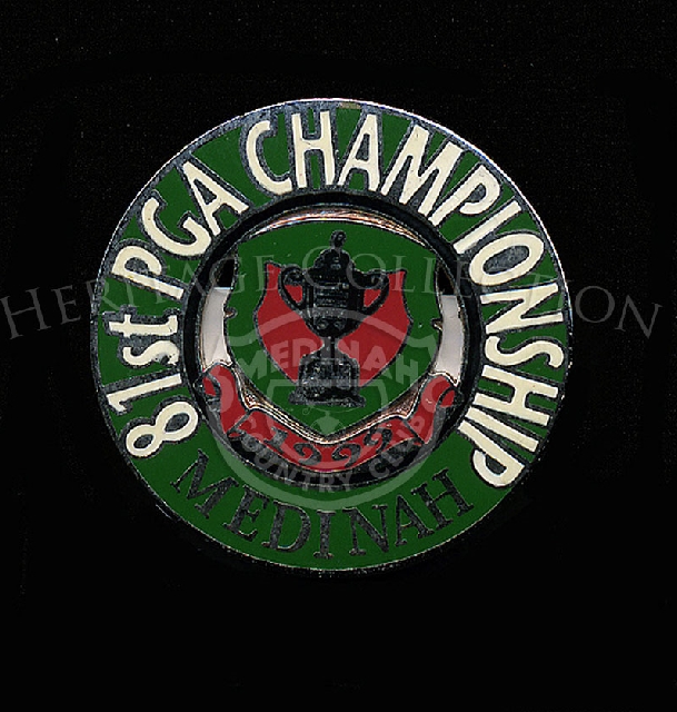 Lapel pins and badges of various sizes and designs were available to commemorate the 81st PGA Championship. Pictured is one that has a diameter of 1 1/4-inch, and features the Wanamaker trophy in the center.