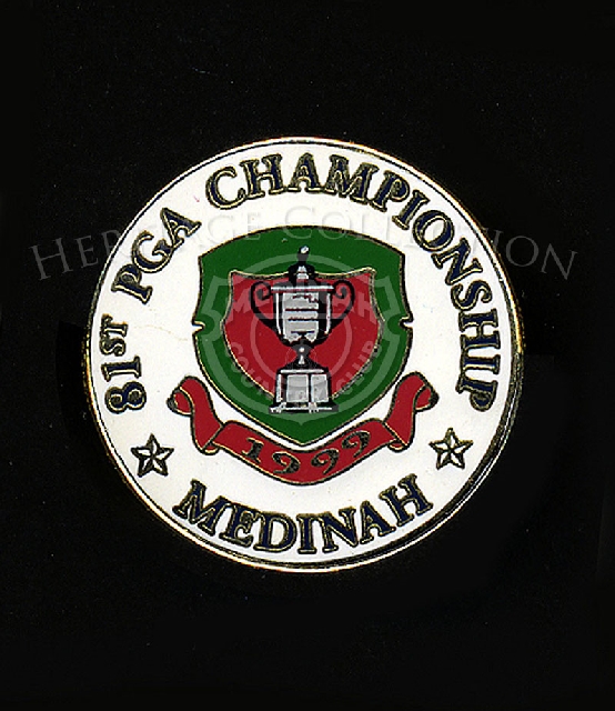 Lapel pins and badges of various sizes and designs were available to commemorate the 81st PGA Championship. Pictured is a pin that has a diameter of 1 1/8-inch, and features the Wanamaker trophy in the center.