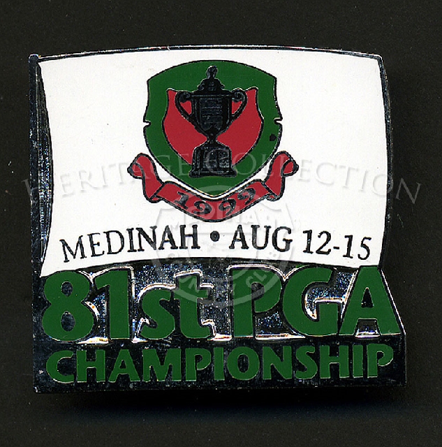 Lapel pins and badges of various sizes and designs were available to commemorate the 81st PGA Championship. Pictured is one of the largest pins offered. It measures 1 ? x 1 ? -inches, and features the Wanamaker trophy in the center.