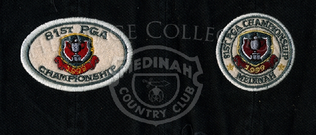 Two examples of fabric patches available during the 81st PGA Championship each feature the Wanamaker trophy in the center of the design. The oblong patch measures 2x3-inches and the round design has a diameter of 2 1/8-inches.