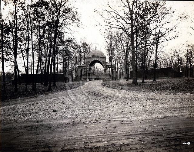 Image of Medinah Country Club's grand entrance gate tower circa 1920s. The arched and domed Byzantine gate is constructed of brick and terra-cotta.