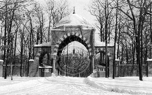 Front gate tower in winter.