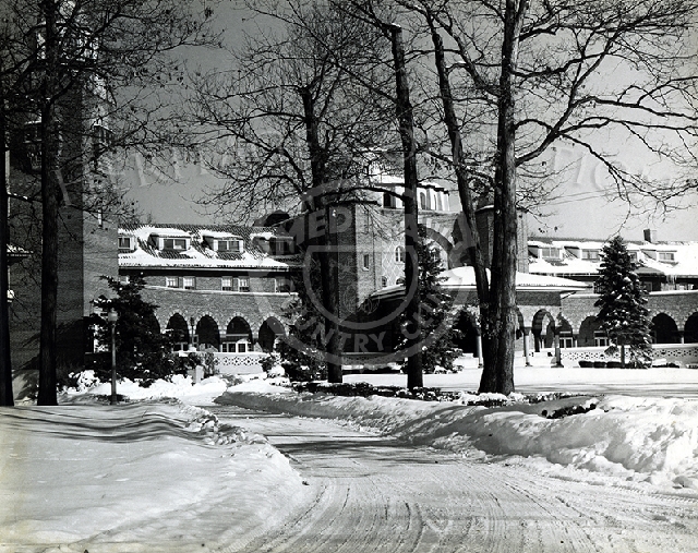Winter scene of clubhouse viewed from east. Blk & wht. Same as # 80923, brighter