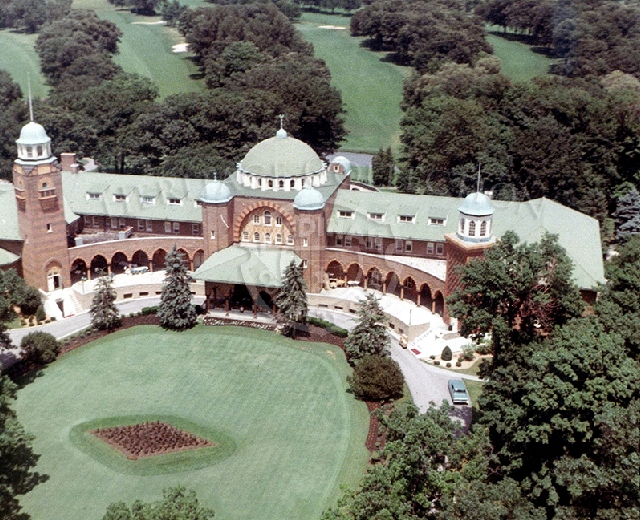 Color image, aerial view of Medinah clubhouse.