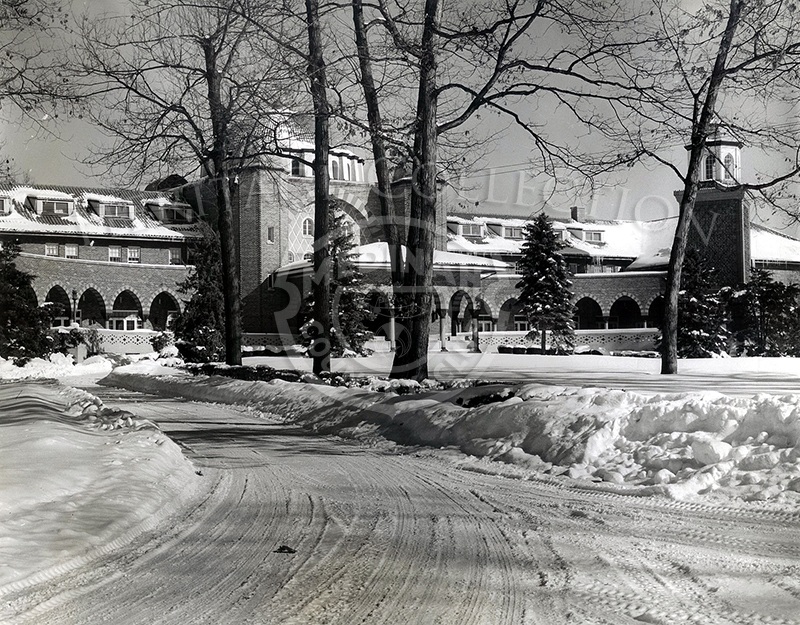 Winter scene of clubhouse viewed from east. Blk & wht. Same as # 80921