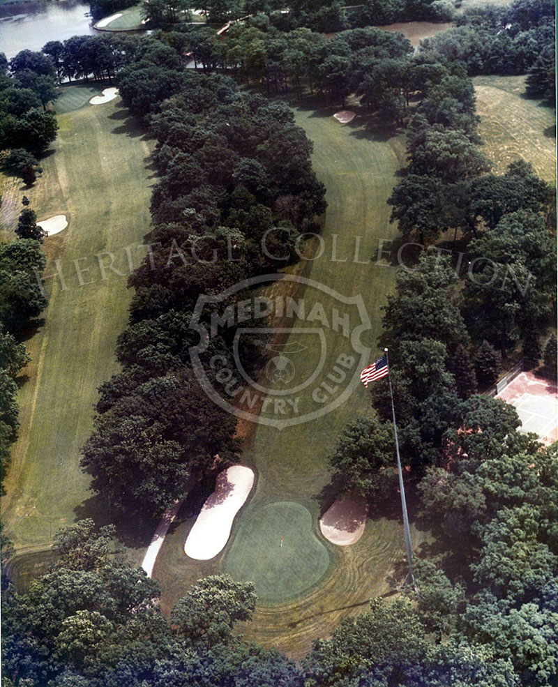 Aerial view of Course No. 3, 18th hole. One mounted on board & not mounted. Color