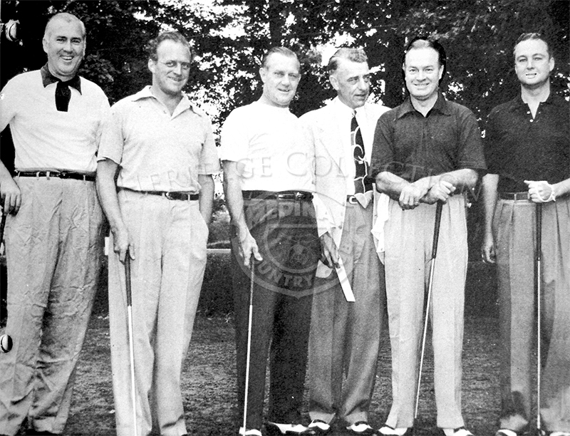 Richard Gibson of Hollywood, Hugh Price of Chicago, Maynard 'Scotty' Fessenden, Pres. of Western Golf Assn., E. Jack Barns, Bob Hope and Richard Snideman, Vice Pres. of Owens Illinois Glass Co., pose together at Medinah Country Club in 1949.  Hope gleefully turned in a 78 as low man on the much publicized No. 3 course.