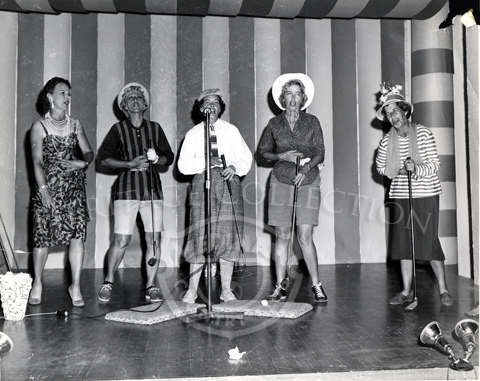 White Fez Day 1963. Five women performing a musical skit on stage.