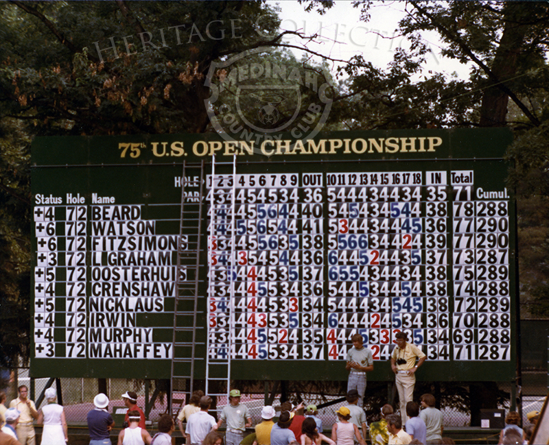 The 75th U.S. Open official score board at Medinah after 72 holes with Lou Graham and John Mahaffey tied at 287.