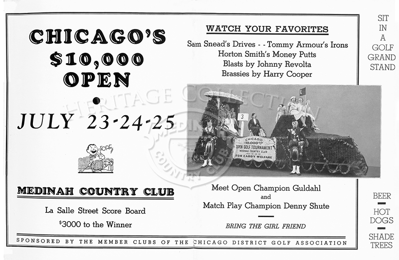 A two-page advertisement for the Chicago Open ran in the July 1937 The Camel Trail magazine. The highlighted float in the ad was one the CDGA entered in the Chicago Jubilee Parade on June 7th, 1937. It featured a miniature golfing hole with tee, fairway,
