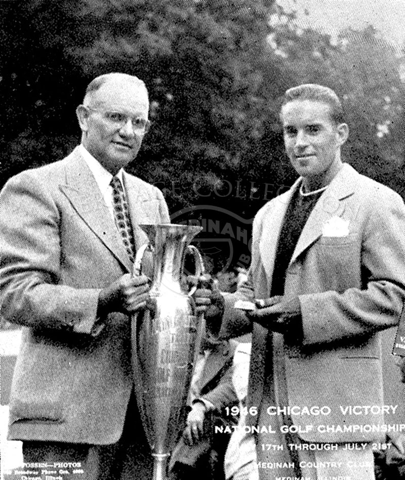 Bob Hulbert (left) president of the Chicago District Golf Association, posed with low amateur winner Frank Stranahan, after play at the Chicago Victory National Championship. This photo is from page 8 of the Sept. 1946 The Camel Trail magazine.