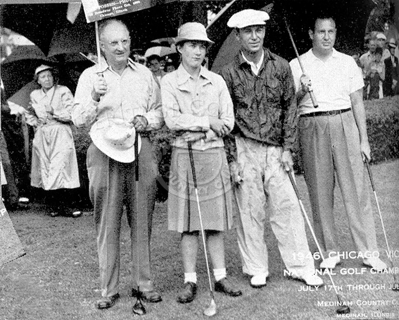 A group photo taken during the Chicago Victory National Championship in 1946 included, (left to right) Homer Sayre, Louise Suggs, Ben Hogan and Wilford Wehrle. These were the winners of the Pro-Senior and Pro-Lady Tournament.