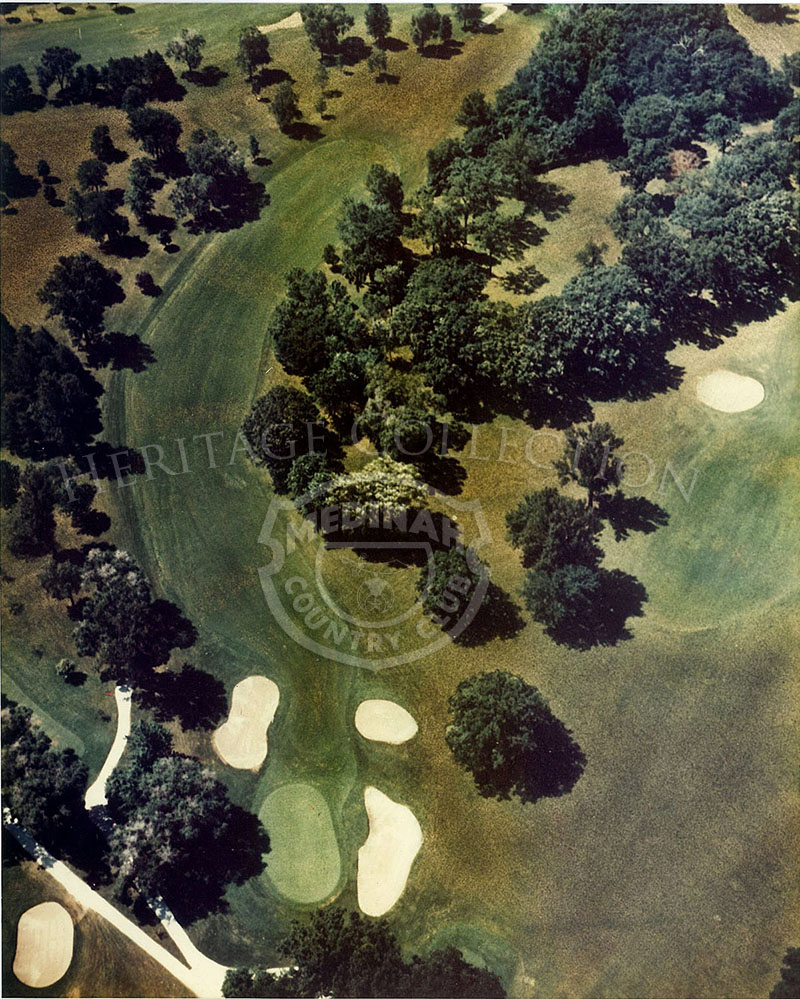 1975 Aerial view of Hole 11 of Course No. 3. A three-wood and a medium iron would appear to be the best strategy on the 402-yard par-4 eleventh, dog legging sharply left.