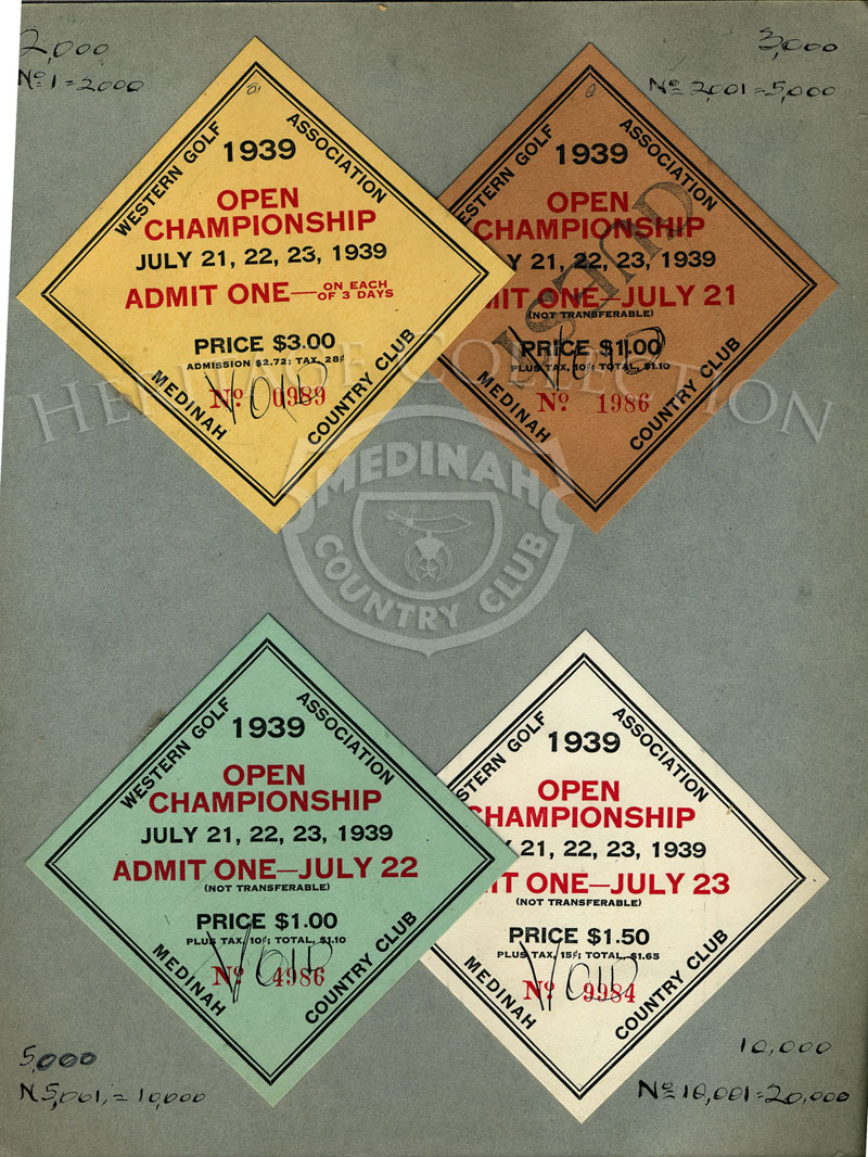 Examples of the one-day and three-day tickets available for the 40th Western Open tournament played in the summer of 1939.