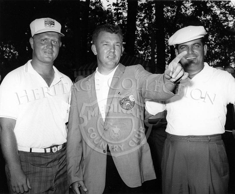 Left to right: Jack Nicklaus, Medinah Pro Jack Bell and an unidentified man are photographed together during the 59th Western Open tournament in 1962.