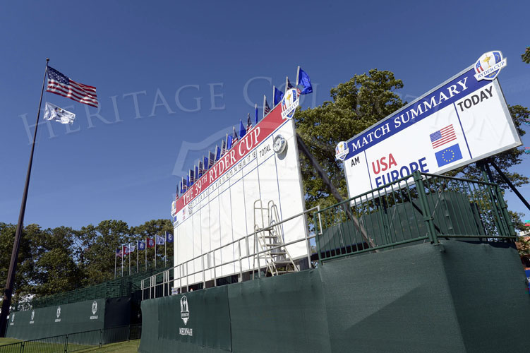Scoreboard and stands on Monday of Ryder Cup week.