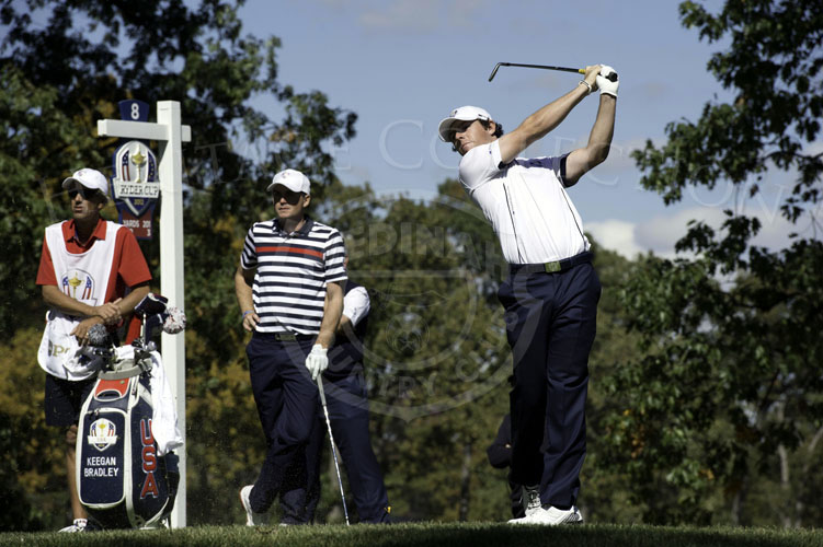 Rory McIlroy teeing of the 8th hole, his match against Keegan Bradley on Sunday.