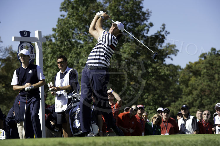 Phil Mickelson tees off the 9th hole, facing Justin Rose in singles on Sunday.